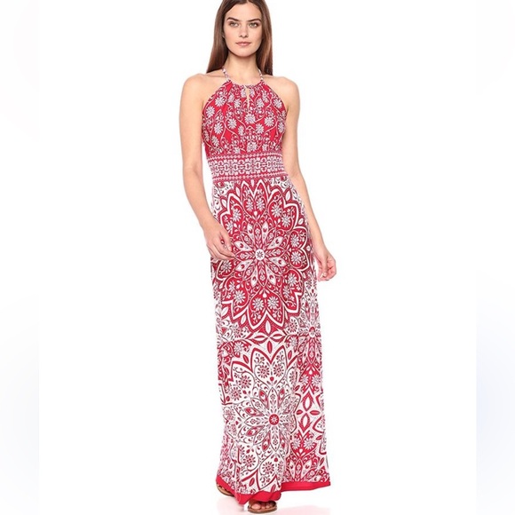 London Times Red and White Halter Maxi Dress - Picture 1 of 10